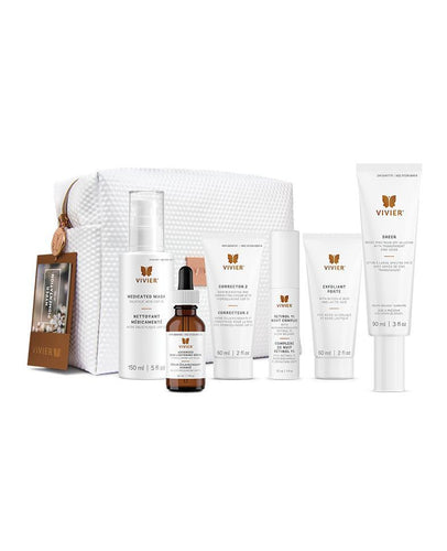 Elegant cosmetic bag with 6 full size products: Medicated Wash, Advanced Skin Lightening Serum, Corrector 2, Exfoliant Forte, Retinol 1% Night Complex, Sheer Broad Spectrum SPF 45
