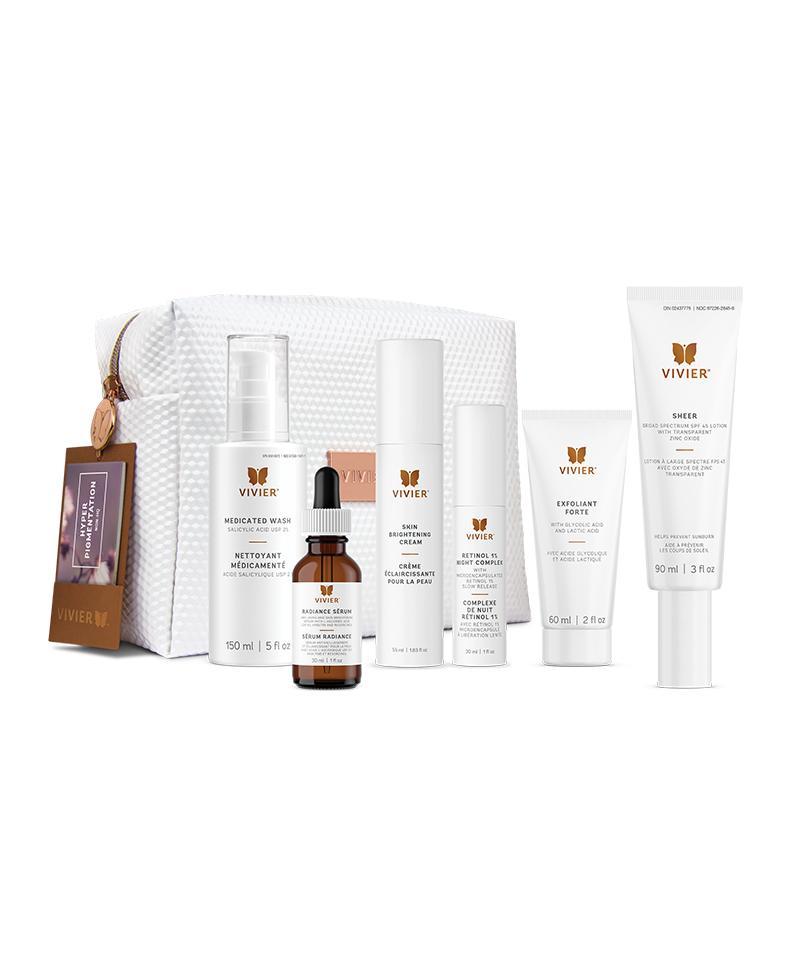 Elegant cosmetic bag with 6 full size products: Medicated Wash, Radiance Serum, Skin Brightening Cream, Exfoliant Forte, Retinol 1% Night Complex and Sheer Broad Spectrum SPF 45.

